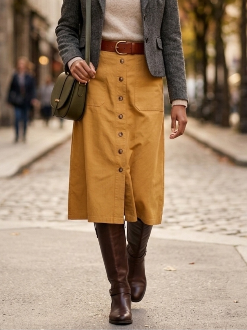 NWT FRNCH Paris Mustard High Waist Button Front Utility A-Line Midi Skirt L W31
